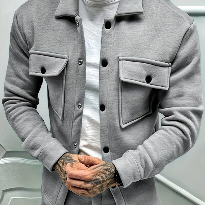 Men's Solid Fleece Jacket With Chest Pockets, Casual Breathable Lapel Button Up Long Sleeve Outwear For Outdoor Activities