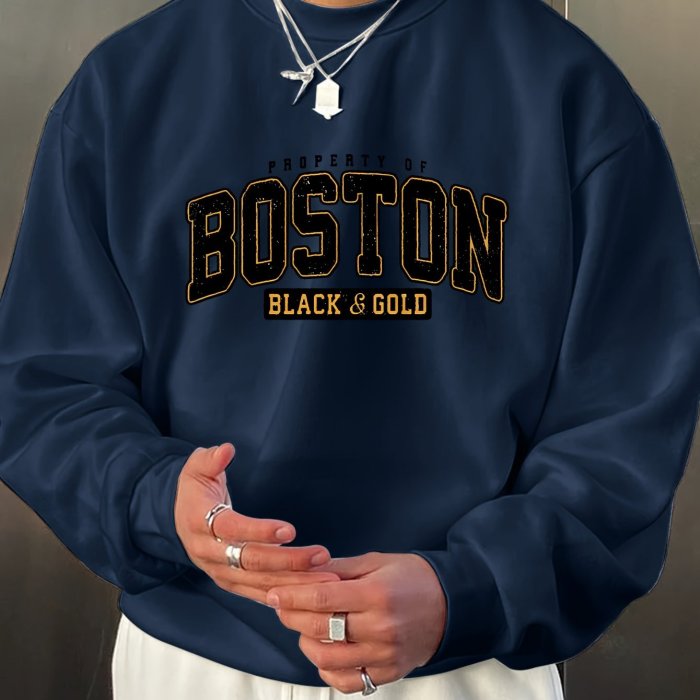 BOSTON Print Fashionable Men's Casual Long Sleeve Crew Neck Pullover Sweatshirt