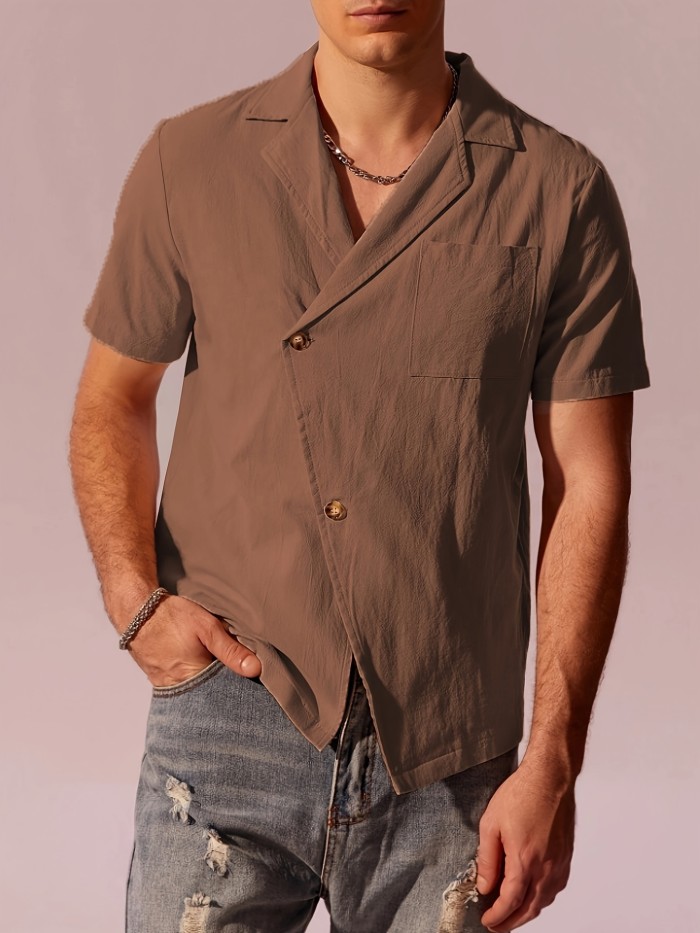Men's Casual Beige Short Sleeve Shirt, 100% Cotton Breathable Top With Unique Design, Classic Versatile, Simple Fashion, Street Style For Spring Summer