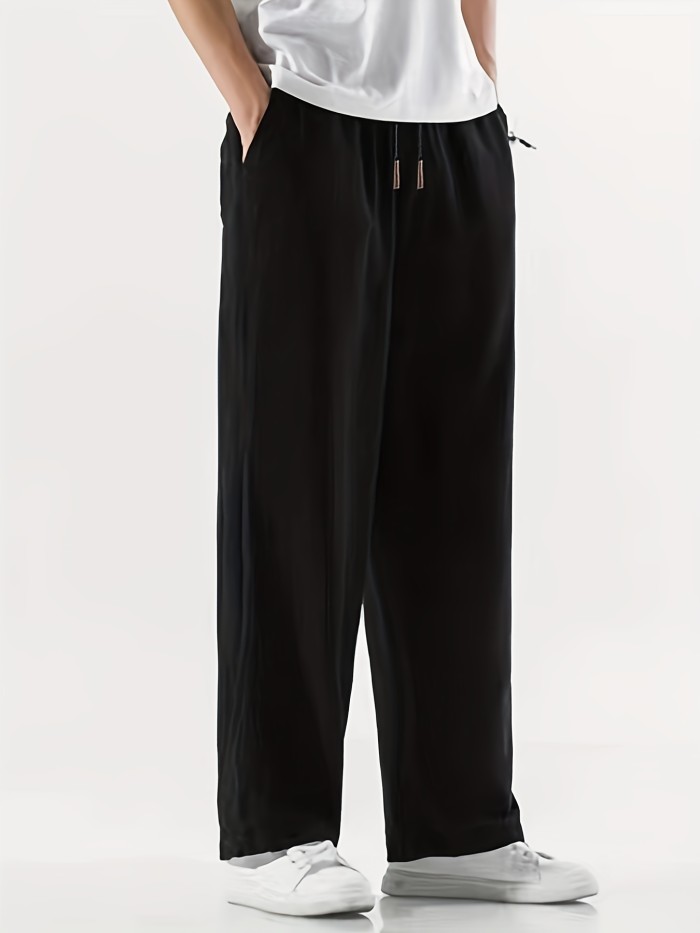 Classic Design Comfy Loose Fit Pants, Men's Waist Drawstring Slant Pocket Casual Pants For Four Seasons