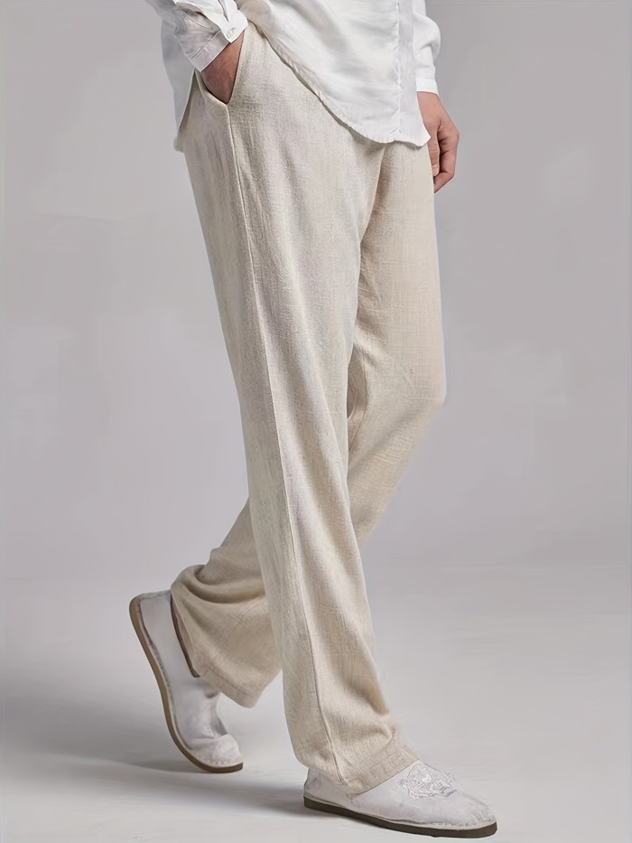 Classic Design Comfy Loose Fit Pants, Men's Waist Drawstring Slant Pocket Casual Pants For Four Seasons