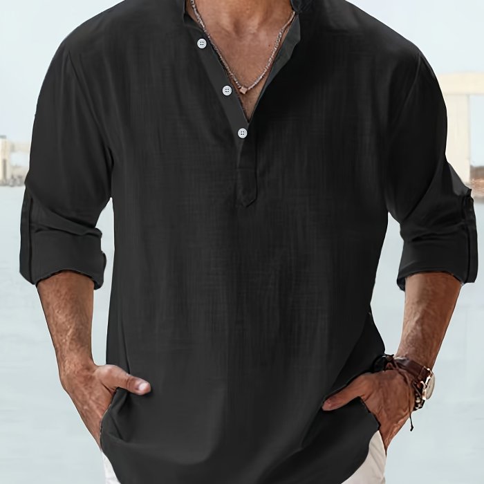 Casual All-match Men's Solid Long Sleeve Shirt With Button & Boat Neck, Spring Fall Outdoor