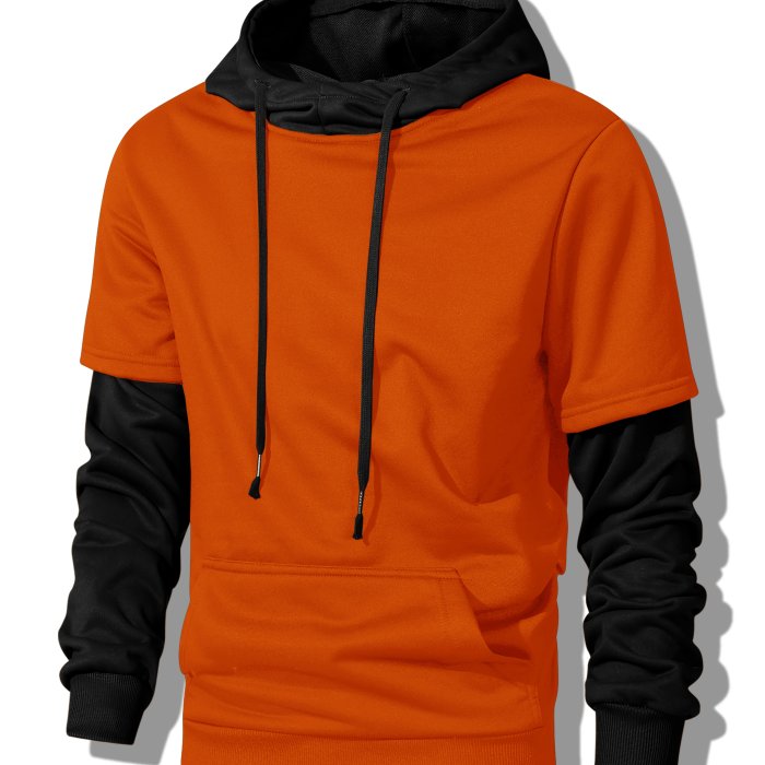 Faux Two-piece Hoodie, Cool Hoodies For Men, Men's Casual Color Block Design Pullover Hooded Sweatshirt With Kangaroo Pocket Streetwear For Winter Fall, As Gifts