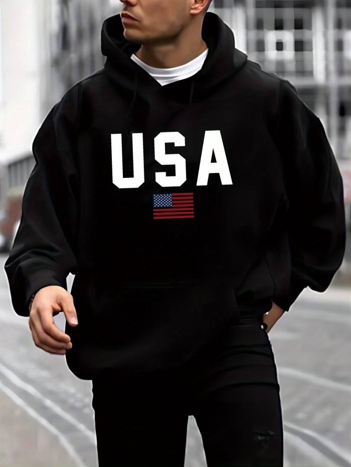 USA Print Hoodie, Cool Hoodies For Men, Men's Casual Pullover Hooded Sweatshirt With Kangaroo Pocket Streetwear For Winter Fall, As Gifts