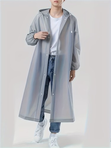 Unisex Solid Hooded Long EVA Raincoat With Long Sleeve And Button Up Placket, Waterproof And Versatile Jacket