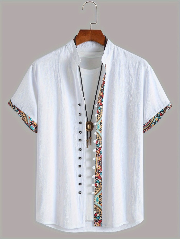 Men's Color Block Ethnic Style Patchwork Short Sleeve Button Down Stand Collar Shirt For Summer Resort Holiday, Hawaiian Style Cardigan