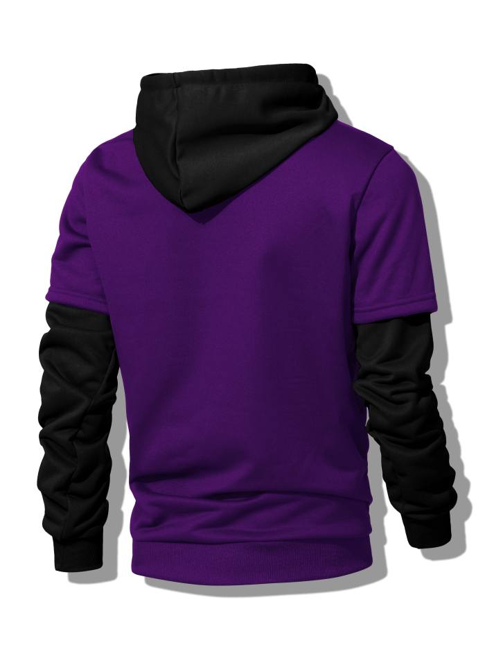 Faux Two-piece Hoodie, Cool Hoodies For Men, Men's Casual Color Block Design Pullover Hooded Sweatshirt With Kangaroo Pocket Streetwear For Winter Fall, As Gifts