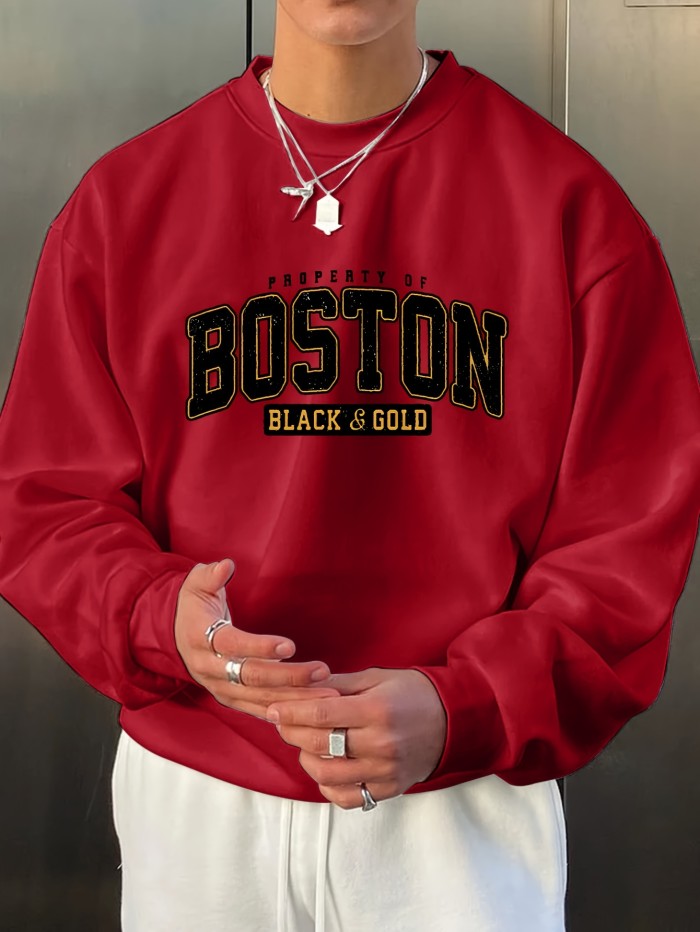 BOSTON Print Fashionable Men's Casual Long Sleeve Crew Neck Pullover Sweatshirt