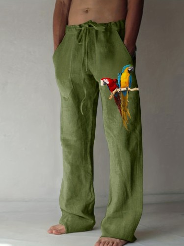 Colorful Parrot Pattern Casual Woven Fabric Loose Fit Graphic Drawstring Pants, Men's Clothes For Spring Summer