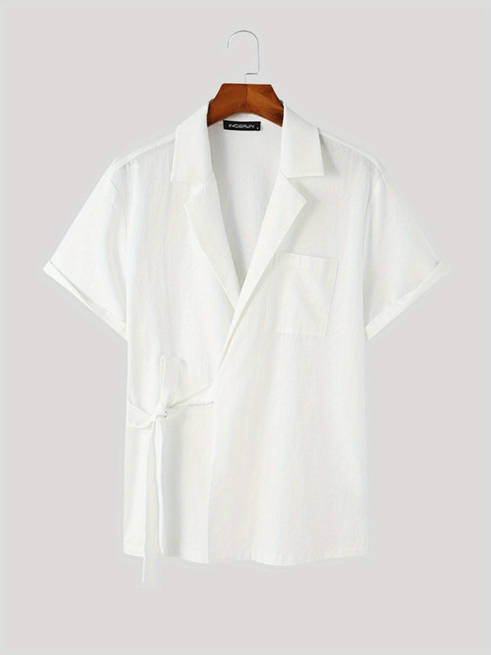 Solid Casual Men's Cotton Comfy V-neck Shirt With Knot For Summer Vacation, Men's Blouse, K-pop