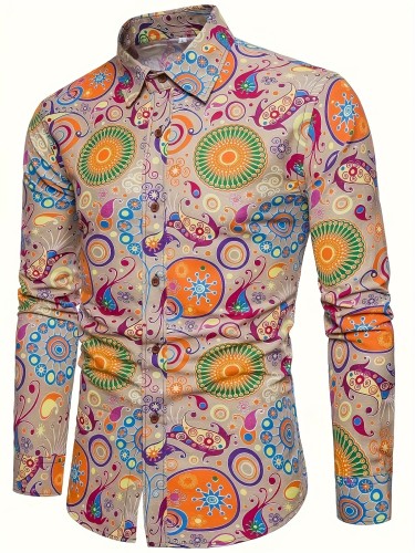 Mens 70s Disco Linen Shirts Casual Paisley Tops Floral Vintage Long Sleeve Shirt
