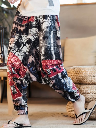 Men's Stylish 100% Cotton Loose Colorful Fans Pattern Pants With Pockets, Casual Breathable Comfy Trousers For City Walk Street Hanging Outdoor Activities