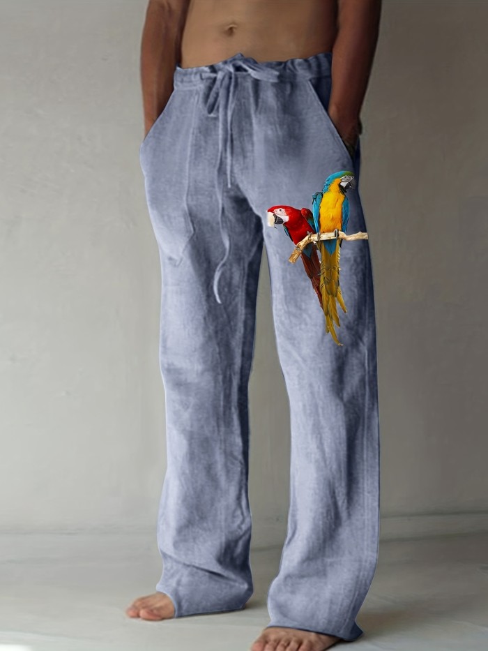 Colorful Parrot Pattern Casual Woven Fabric Loose Fit Graphic Drawstring Pants, Men's Clothes For Spring Summer