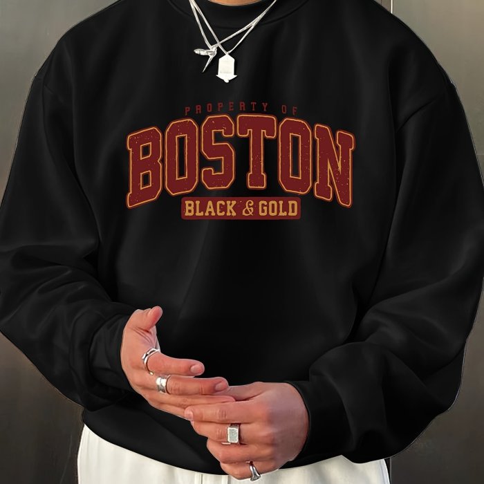 BOSTON Print Fashionable Men's Casual Long Sleeve Crew Neck Pullover Sweatshirt