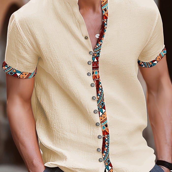 Men's Color Block Ethnic Style Patchwork Short Sleeve Button Down Stand Collar Shirt For Summer Resort Holiday, Hawaiian Style Cardigan