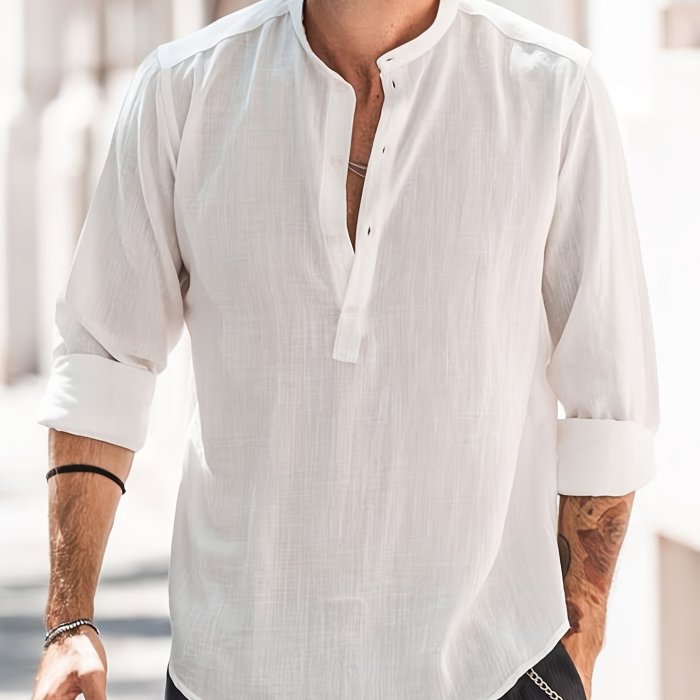 Classic Design Cotton Boat Neck Henley Shirt, Men's Casual Fit Vintage Style Long Sleeve Top For Spring Fall
