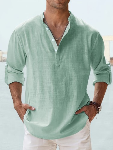 Casual All-match Men's Solid Long Sleeve Shirt With Button & Boat Neck, Spring Fall Outdoor
