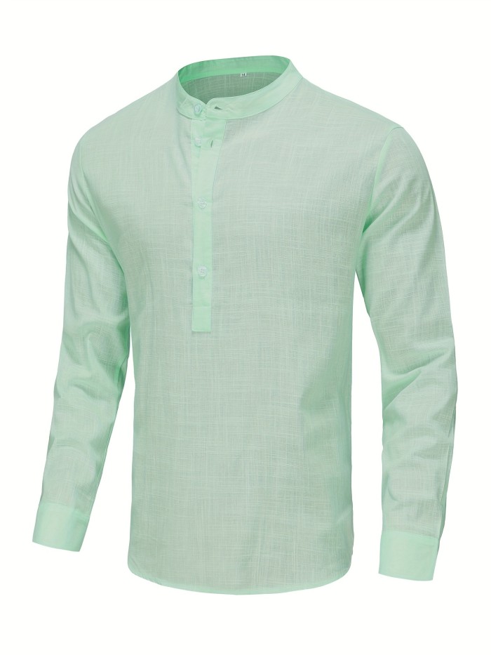 Classic Design Cotton Boat Neck Henley Shirt, Men's Casual Fit Vintage Style Long Sleeve Top For Spring Fall