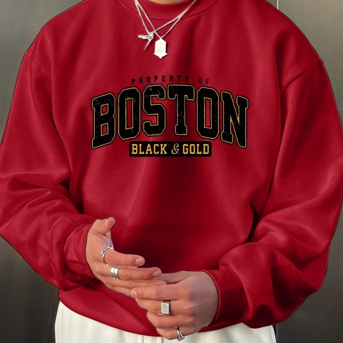 BOSTON Print Fashionable Men's Casual Long Sleeve Crew Neck Pullover Sweatshirt