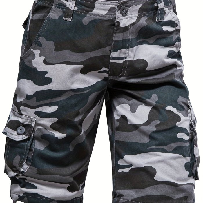 Solid Cotton Street Style Men's Casual Camo Pattern Cargo Shorts With Pocket, Men's Outfits