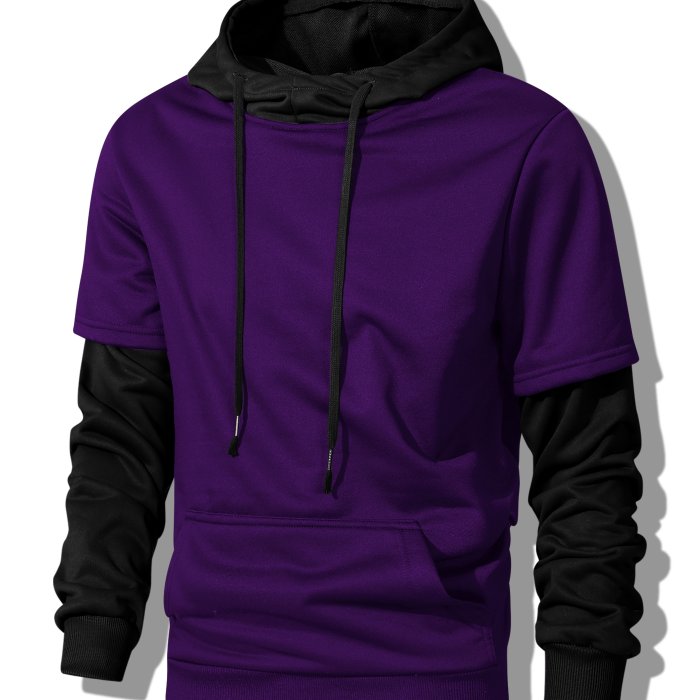Faux Two-piece Hoodie, Cool Hoodies For Men, Men's Casual Color Block Design Pullover Hooded Sweatshirt With Kangaroo Pocket Streetwear For Winter Fall, As Gifts