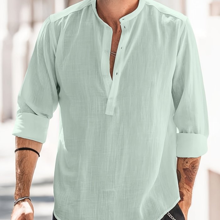 Classic Design Cotton Boat Neck Henley Shirt, Men's Casual Fit Vintage Style Long Sleeve Top For Spring Fall