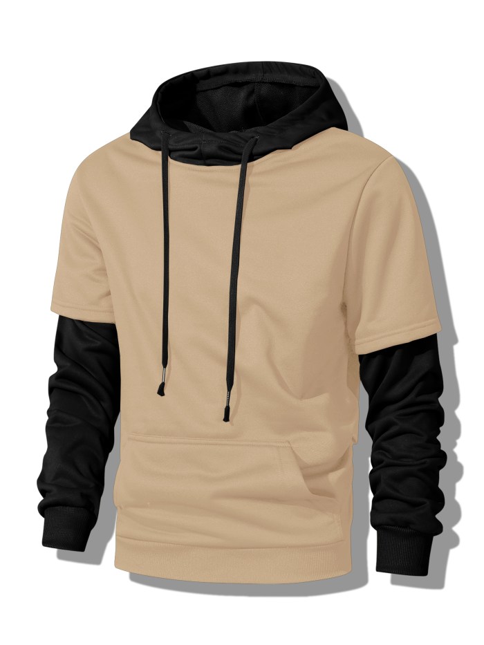 Faux Two-piece Hoodie, Cool Hoodies For Men, Men's Casual Color Block Design Pullover Hooded Sweatshirt With Kangaroo Pocket Streetwear For Winter Fall, As Gifts