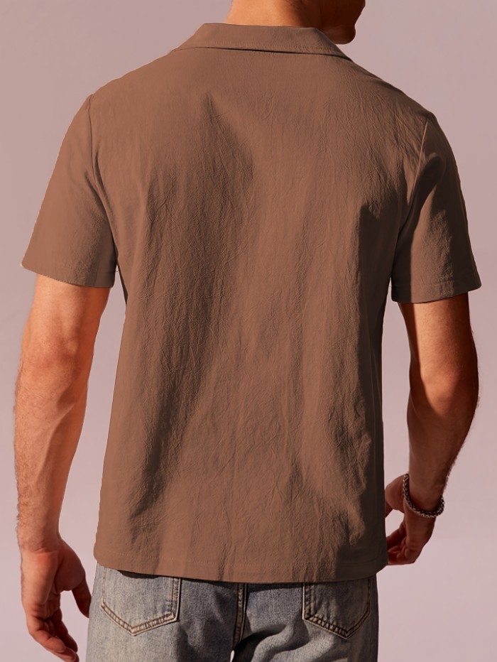 Men's Casual Beige Short Sleeve Shirt, 100% Cotton Breathable Top With Unique Design, Classic Versatile, Simple Fashion, Street Style For Spring Summer