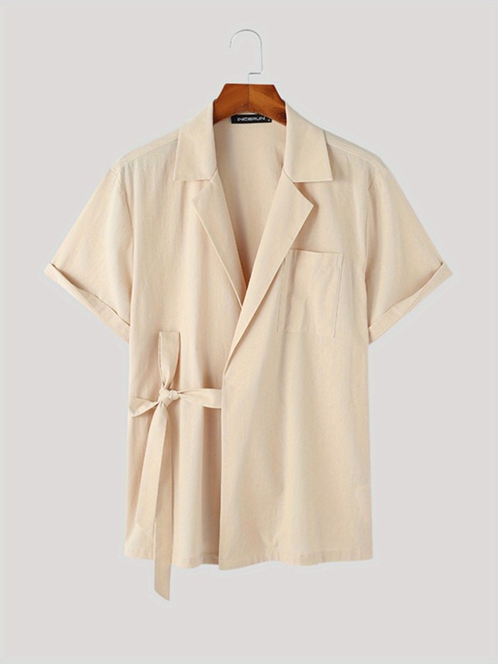 Solid Casual Men's Cotton Comfy V-neck Shirt With Knot For Summer Vacation, Men's Blouse, K-pop