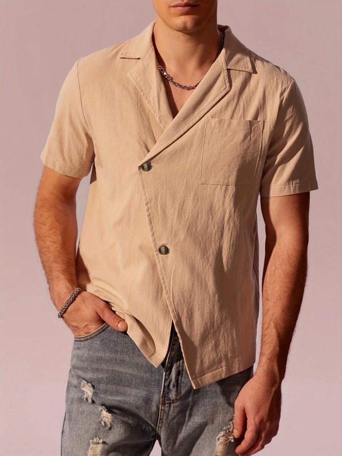 Men's Casual Beige Short Sleeve Shirt, 100% Cotton Breathable Top With Unique Design, Classic Versatile, Simple Fashion, Street Style For Spring Summer
