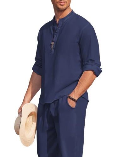 Men's Retro Style Linen Blend Long Sleeve Henley Shirt, Casual And Comfy Tops For Men's Spring And Autumn Beach And Daily Leisurewear