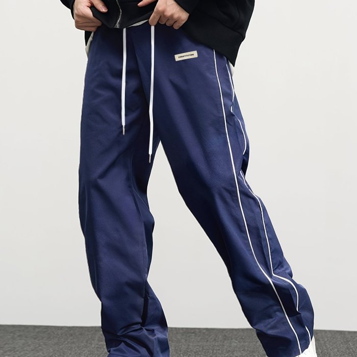 Men's Fashion Loose-Fit Pants With Pockets And Stylish Stripe, Casual Breathable Comfortable Drawstring Long Trousers, Perfect For Outdoor Activities, Sporty Style