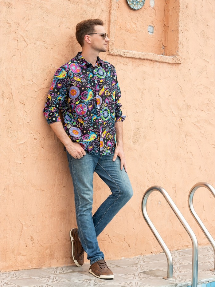 Mens 70s Disco Linen Shirts Casual Paisley Tops Floral Vintage Long Sleeve Shirt