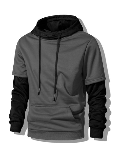 Faux Two-piece Hoodie, Cool Hoodies For Men, Men's Casual Color Block Design Pullover Hooded Sweatshirt With Kangaroo Pocket Streetwear For Winter Fall, As Gifts