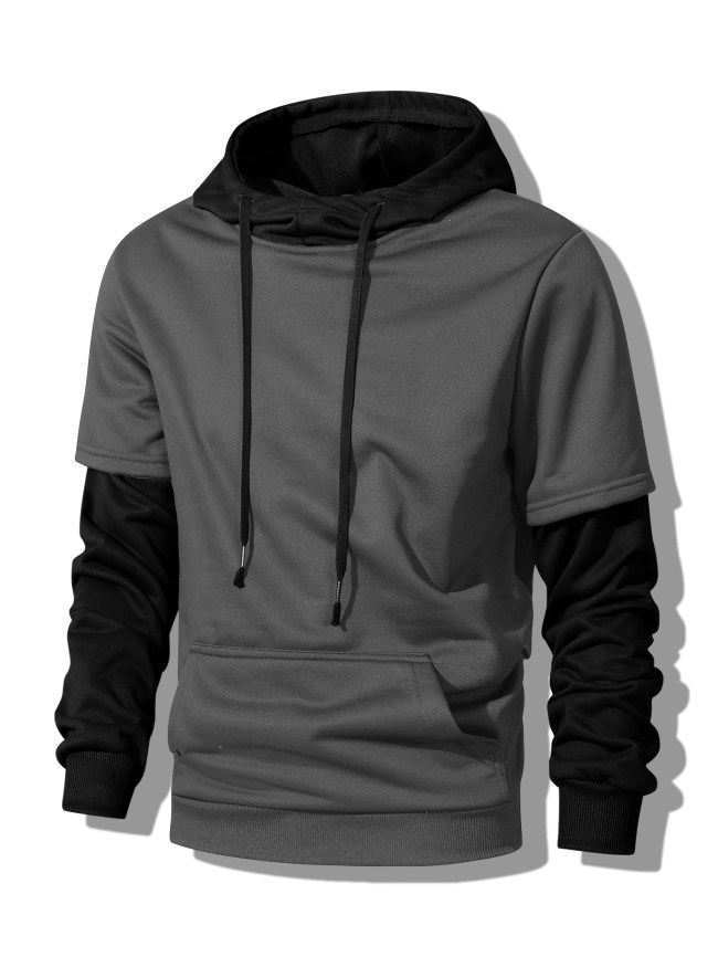 Faux Two-piece Hoodie, Cool Hoodies For Men, Men's Casual Color Block Design Pullover Hooded Sweatshirt With Kangaroo Pocket Streetwear For Winter Fall, As Gifts