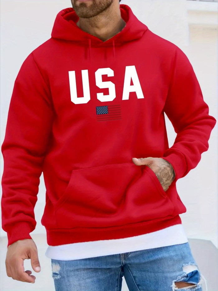 USA Print Hoodie, Cool Hoodies For Men, Men's Casual Pullover Hooded Sweatshirt With Kangaroo Pocket Streetwear For Winter Fall, As Gifts