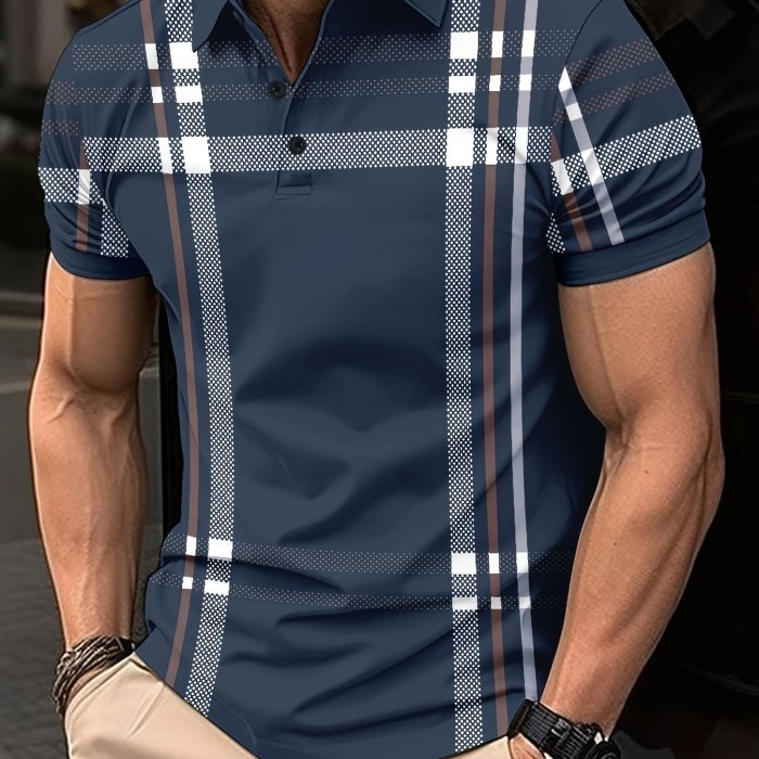 Retro Classic Plaid Print Men's Short Sleeve Lapel Shirt For Summer Outdoor