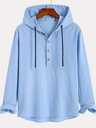Chic Design Solid Color Men's Pure Cotton Hooded Long Sleeve Henley Neck Top Shirt, Breathable And Comfy Casual Tops For Spring And Autumn Daily Outerwear