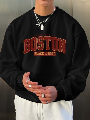 BOSTON Print Fashionable Men's Casual Long Sleeve Crew Neck Pullover Sweatshirt
