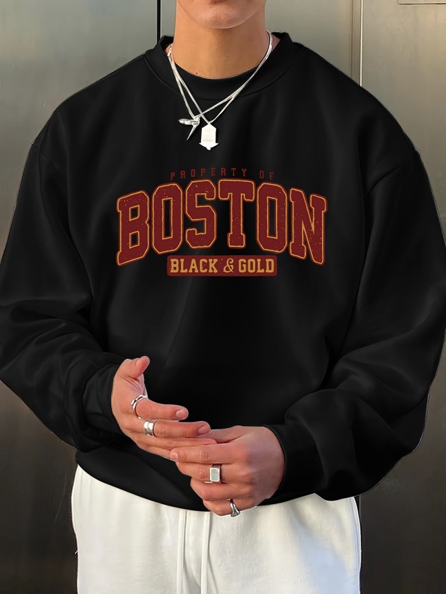BOSTON Print Fashionable Men's Casual Long Sleeve Crew Neck Pullover Sweatshirt
