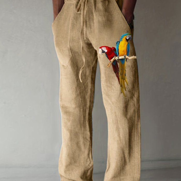 Colorful Parrot Pattern Casual Woven Fabric Loose Fit Graphic Drawstring Pants, Men's Clothes For Spring Summer