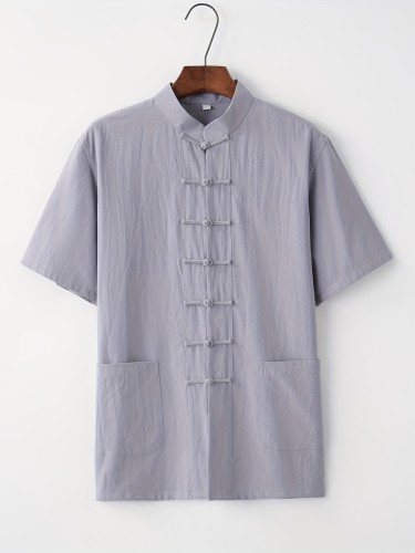 Men's Solid Color Chinese Style Retro Tang Suit Shirt With Stand Collar, Frog Button Down Placket And Short Sleeve, Made With Washed Cotton And Linen Fabric, Stylish And Chic For Summer Leisurewear