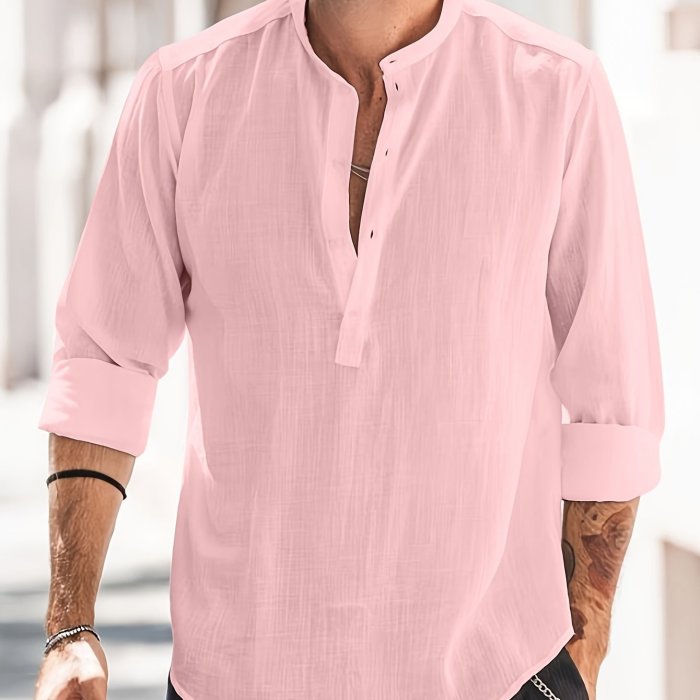 Classic Design Cotton Boat Neck Henley Shirt, Men's Casual Fit Vintage Style Long Sleeve Top For Spring Fall