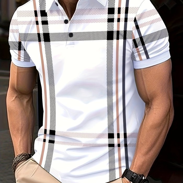 Retro Classic Plaid Print Men's Short Sleeve Lapel Shirt For Summer Outdoor