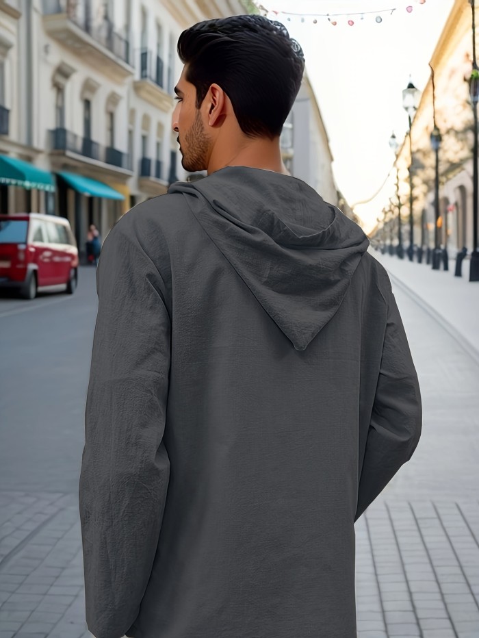 Chic Design Men's Solid Hooded Button Up Long Sleeve Coat With Pockets, Casual And Comfy Pure Cotton Jacket For Outdoors Leisurewear