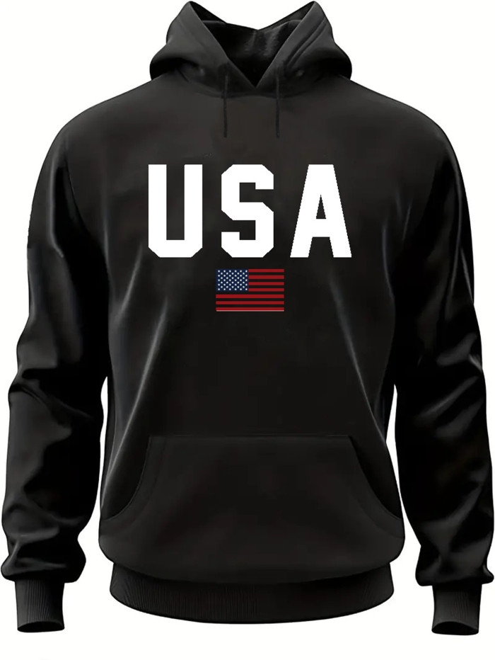 USA Print Hoodie, Cool Hoodies For Men, Men's Casual Pullover Hooded Sweatshirt With Kangaroo Pocket Streetwear For Winter Fall, As Gifts