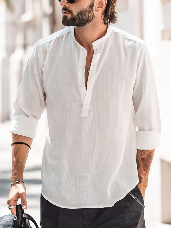 Classic Design Cotton Boat Neck Henley Shirt, Men's Casual Fit Vintage Style Long Sleeve Top For Spring Fall
