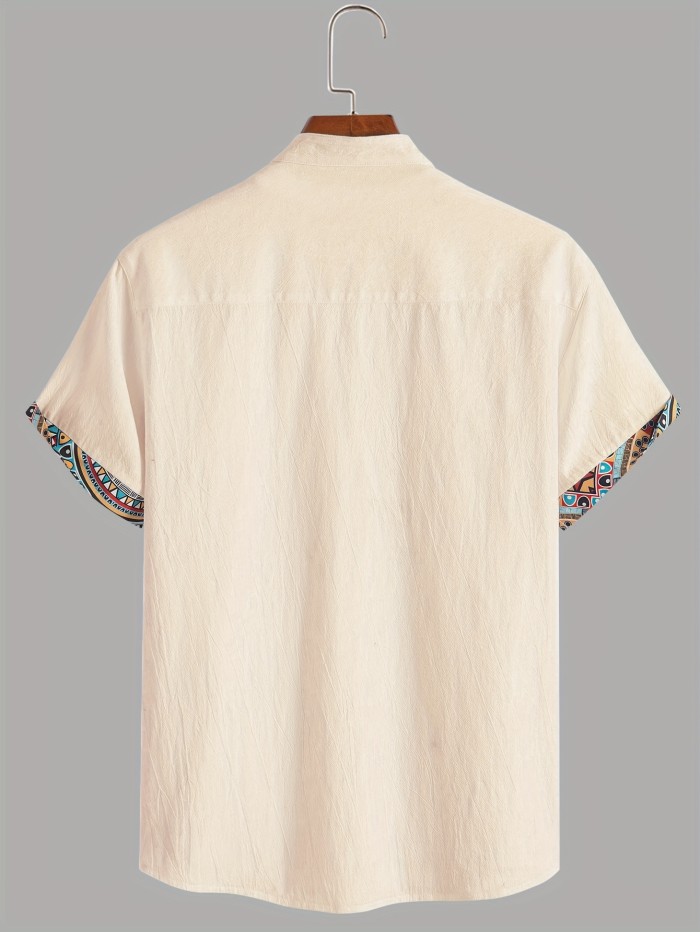 Men's Color Block Ethnic Style Patchwork Short Sleeve Button Down Stand Collar Shirt For Summer Resort Holiday, Hawaiian Style Cardigan