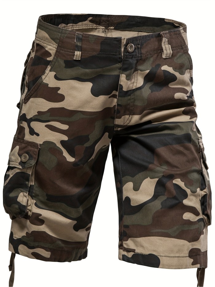 Solid Cotton Street Style Men's Casual Camo Pattern Cargo Shorts With Pocket, Men's Outfits