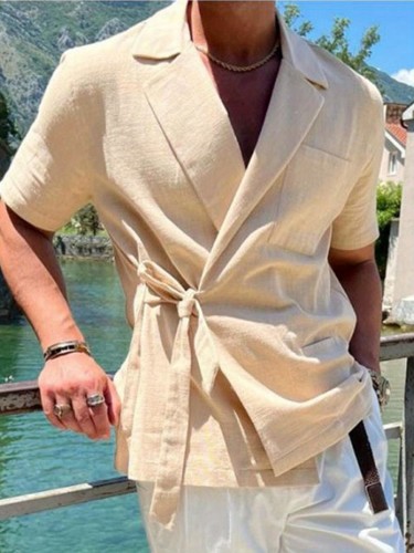 Solid Casual Men's Cotton Comfy V-neck Shirt With Knot For Summer Vacation, Men's Blouse, K-pop